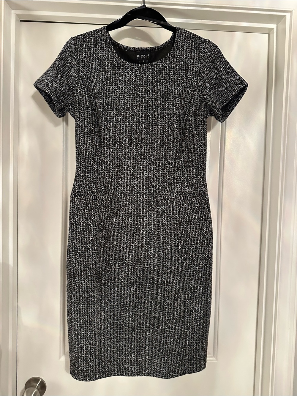 Enfocus Studio Black and White Tweed Midi Sheath Dress